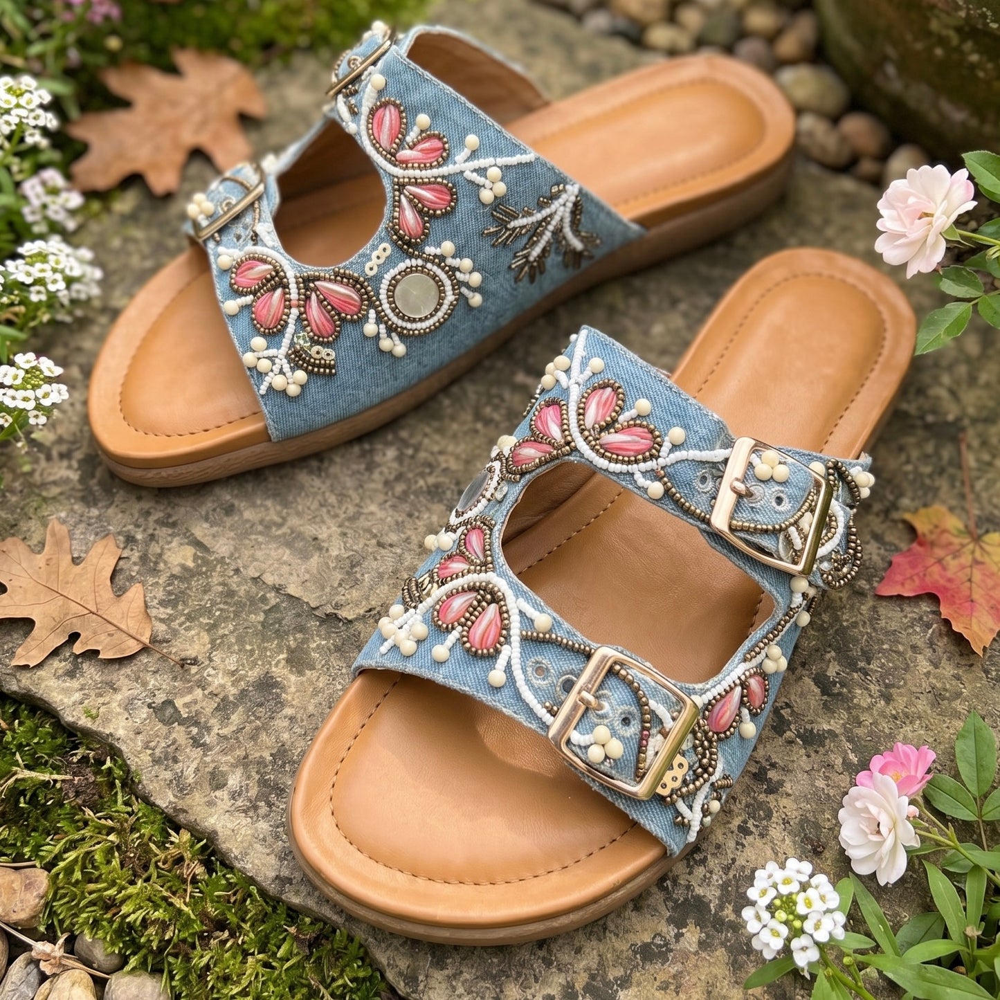 Denim Embroidered Double Buckle Slides