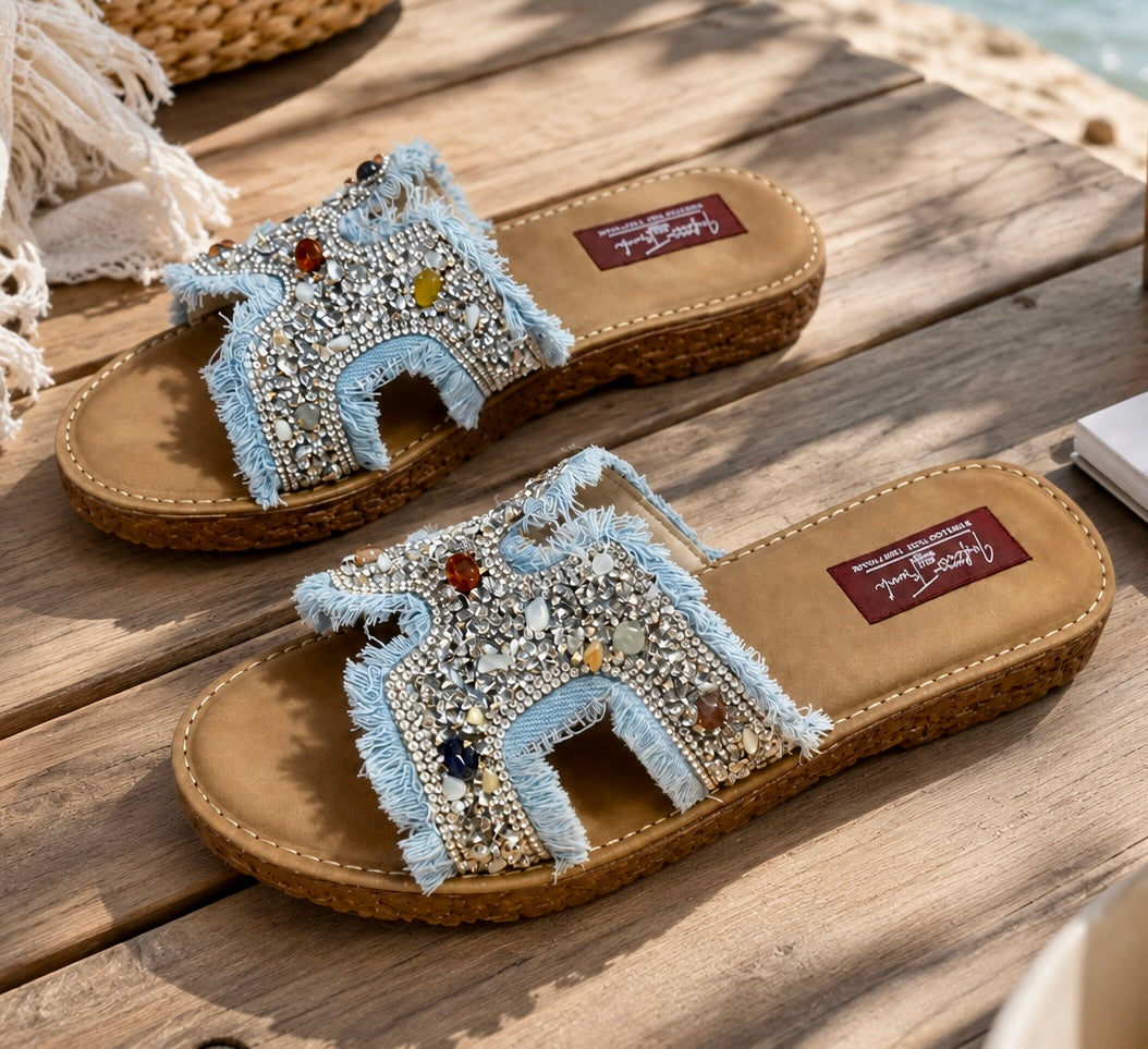 Denim Fringe Embellished Flats
