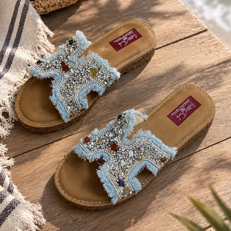 Denim Fringe Embellished Flats