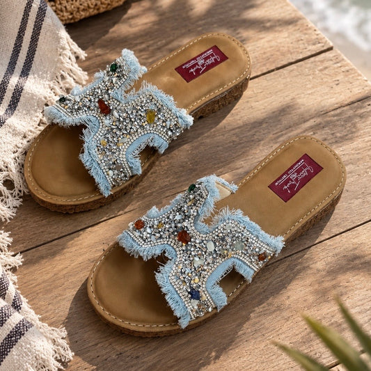 Denim Fringe Embellished Flats