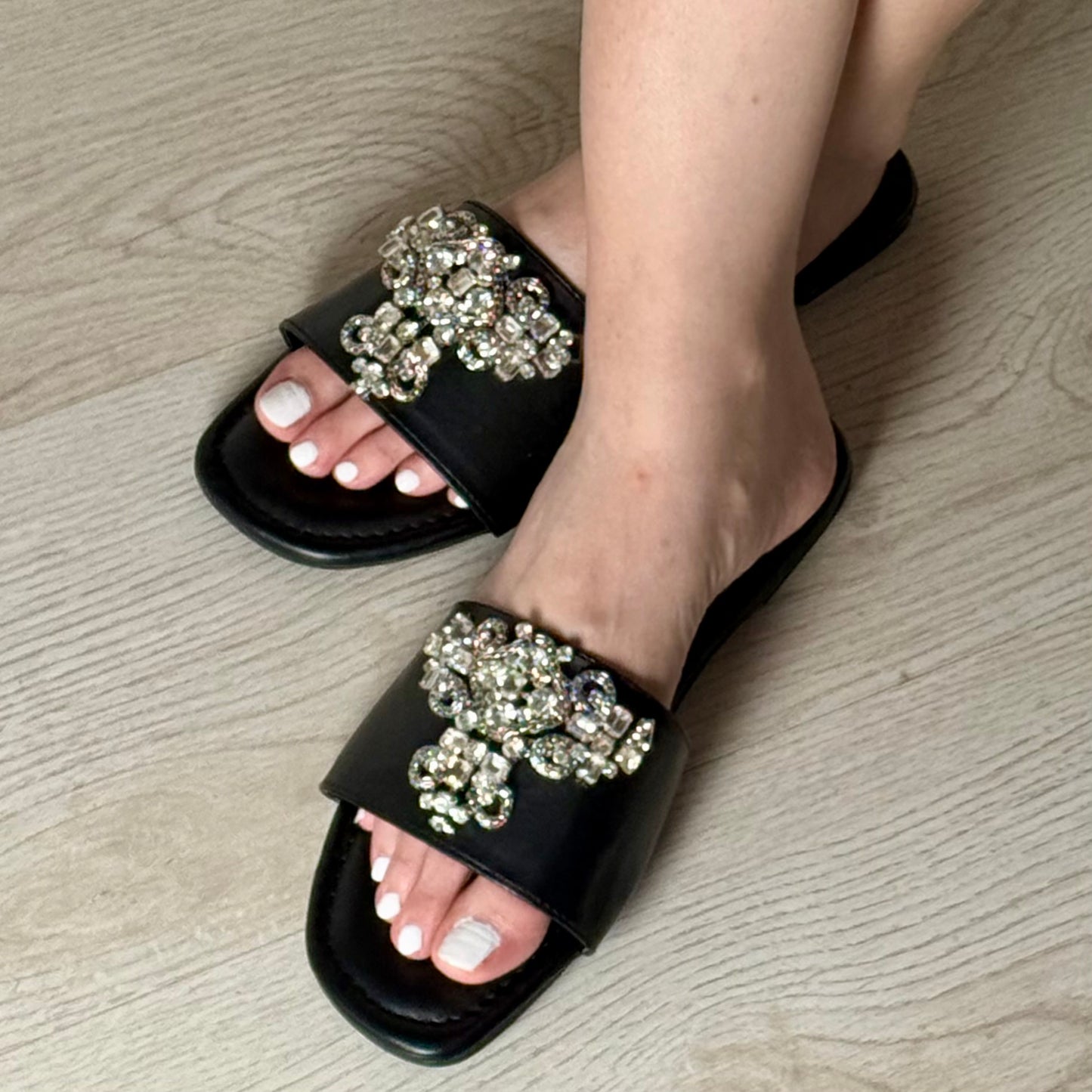 Black Crystal Slides For Women