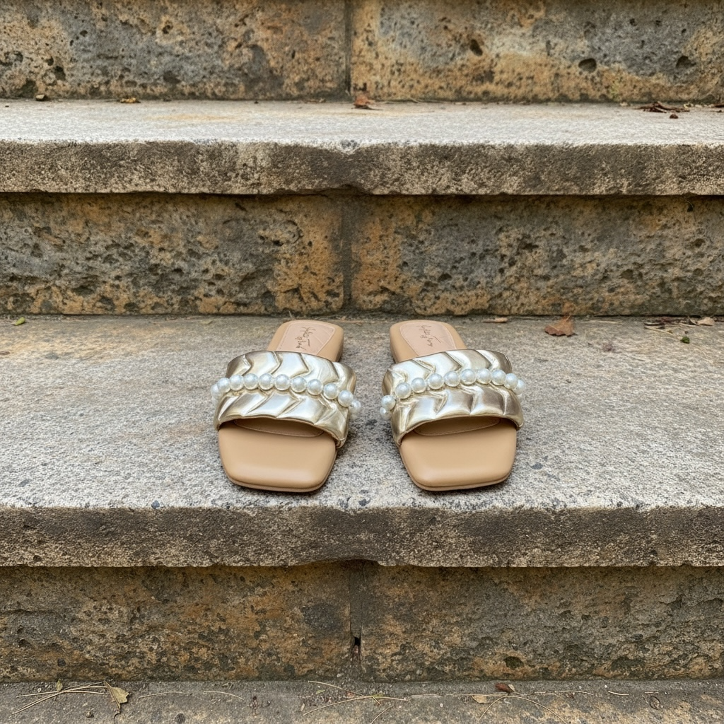Gold quilted strap with pearls slides