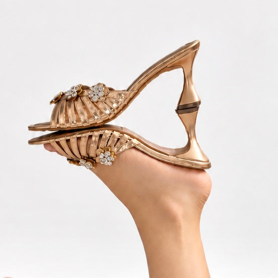Crystal Flower Strap Heel-Rose Gold