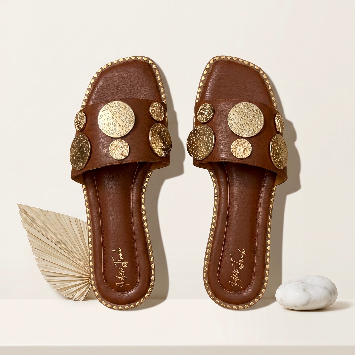 Brown Metallic Stud Comfort Flat Sliders