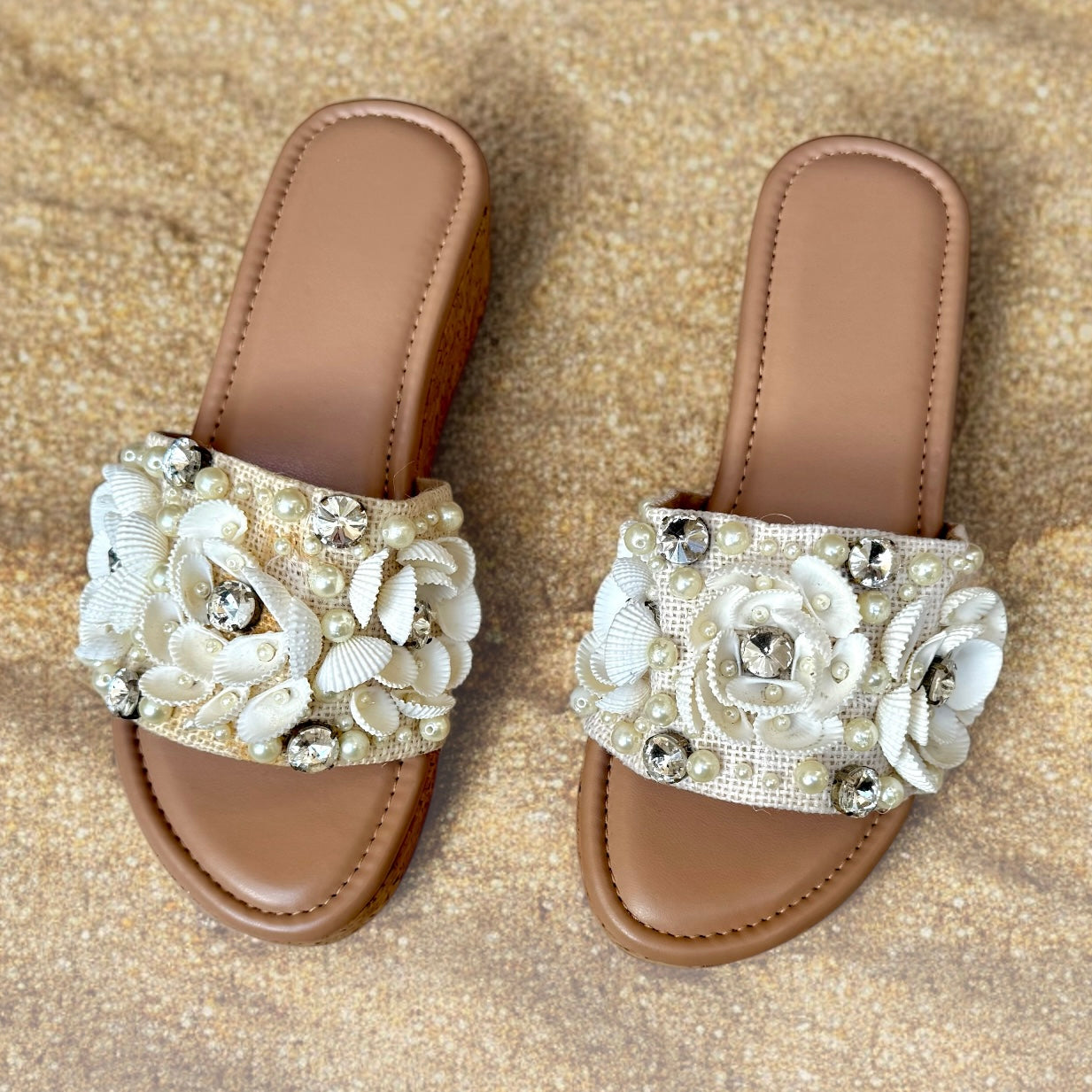 Shell & Pearl Embellished Wedge Sandals