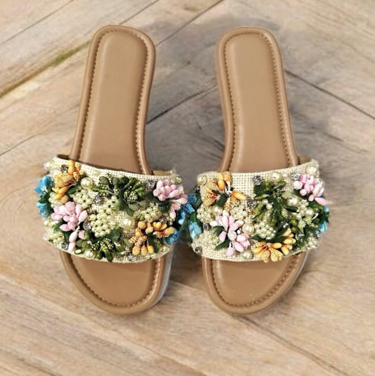 Bloom Chic Embellished Floral Slides for Women
