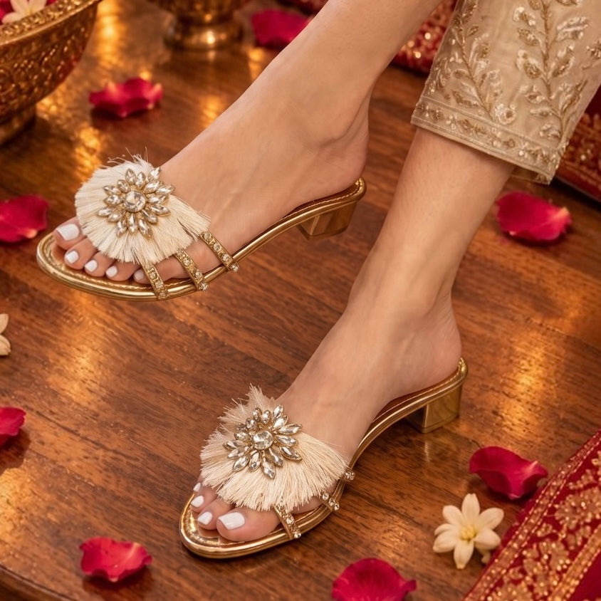 Gold Crystal Fringe Heels