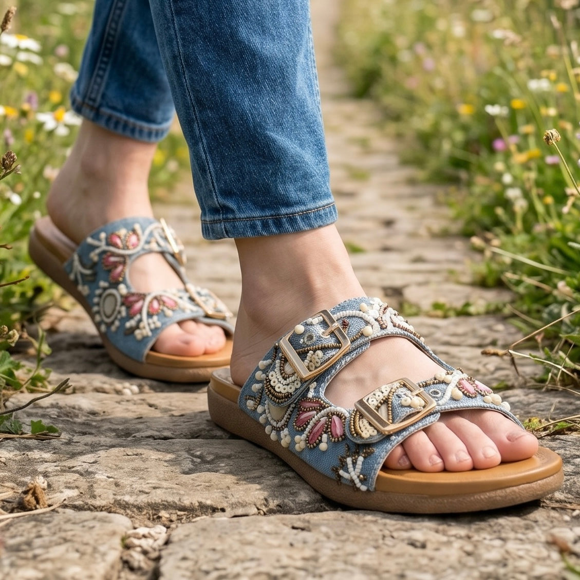 Denim Embroidered Double Buckle Slides