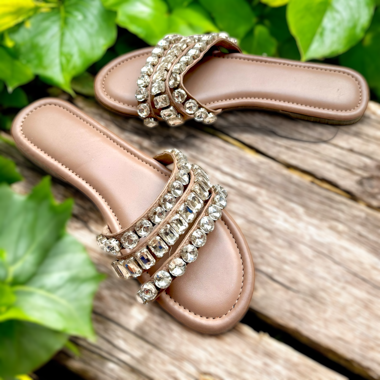 Triple Strap Crystal Slip-On Flats