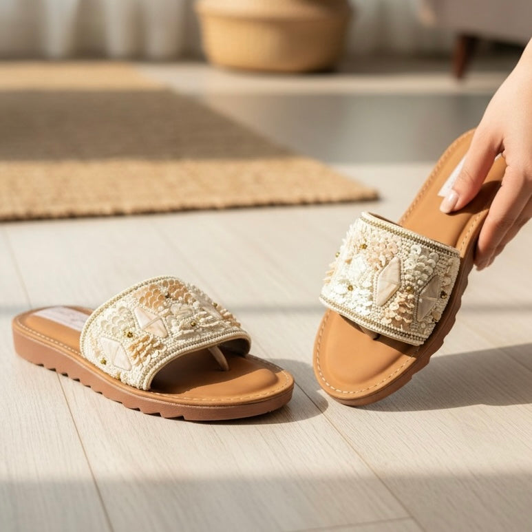 Pearl Embellished Comfort Slides