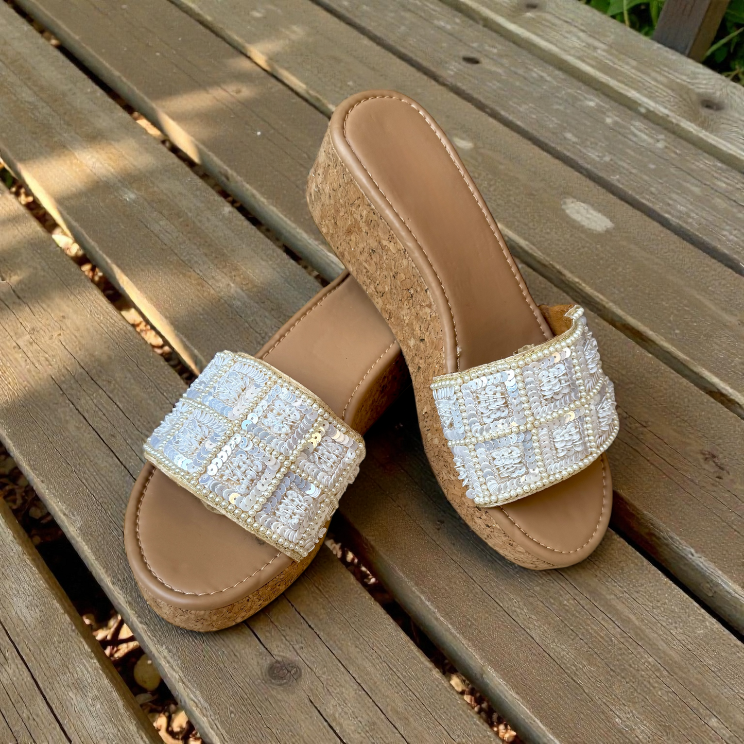 Ivory Beaded Wedge Sandals
