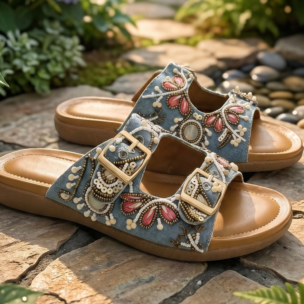 Denim Embroidered Double Buckle Slides
