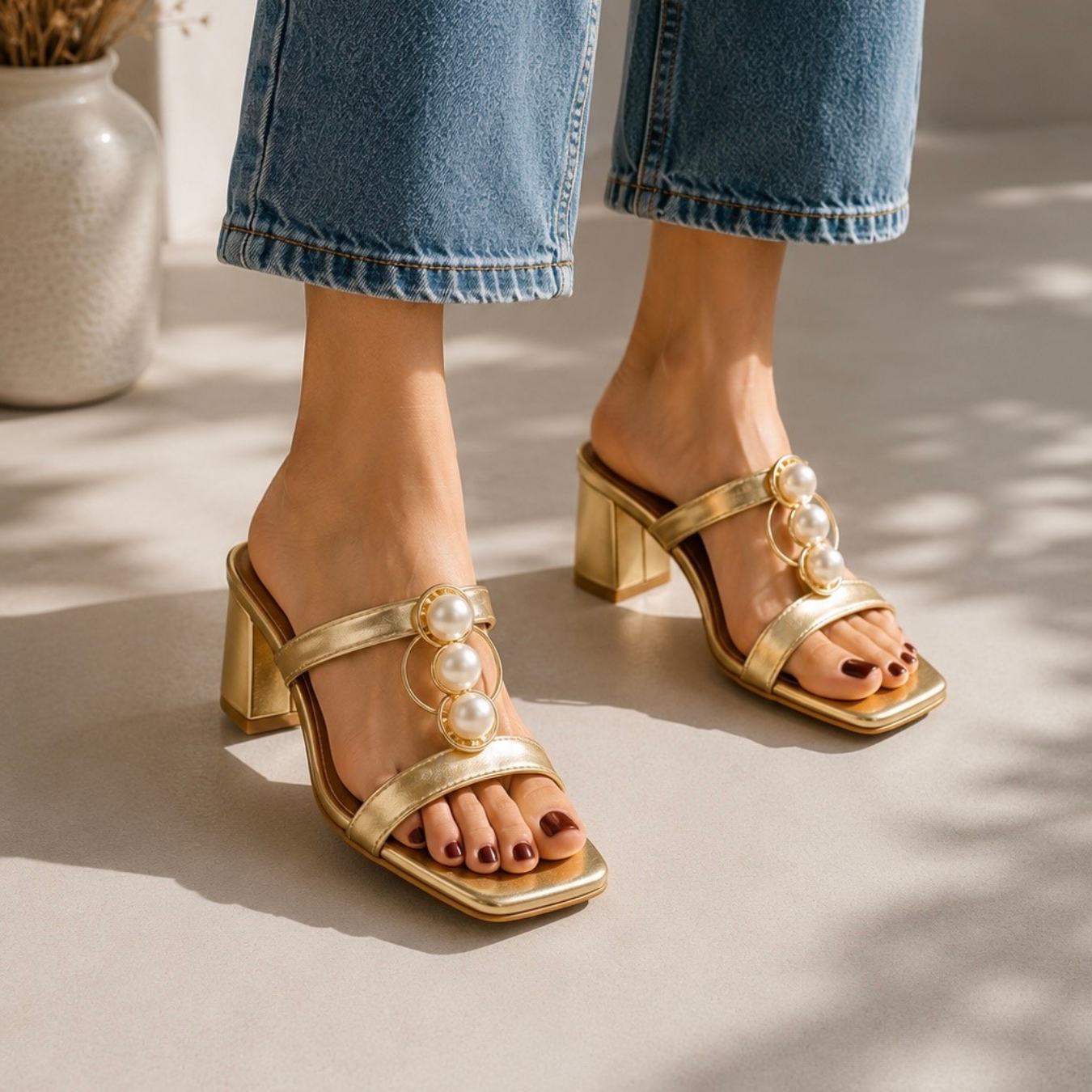 Pearl Halo Light Gold Block Heels