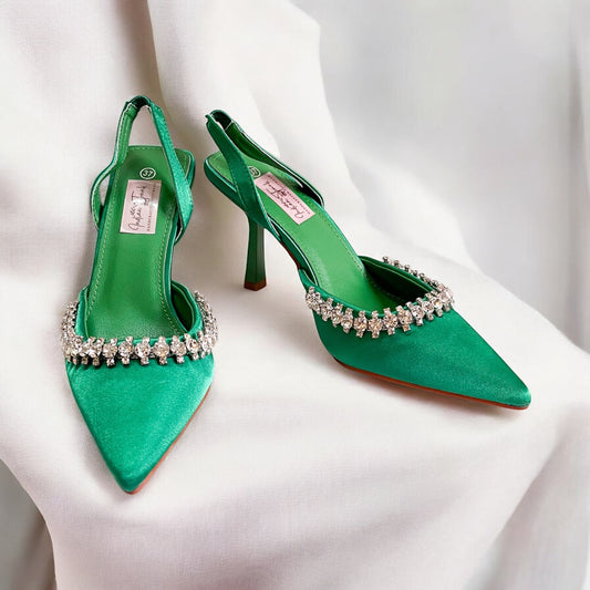 Crystal Edge – Green Pointed Toe Slingback Heels