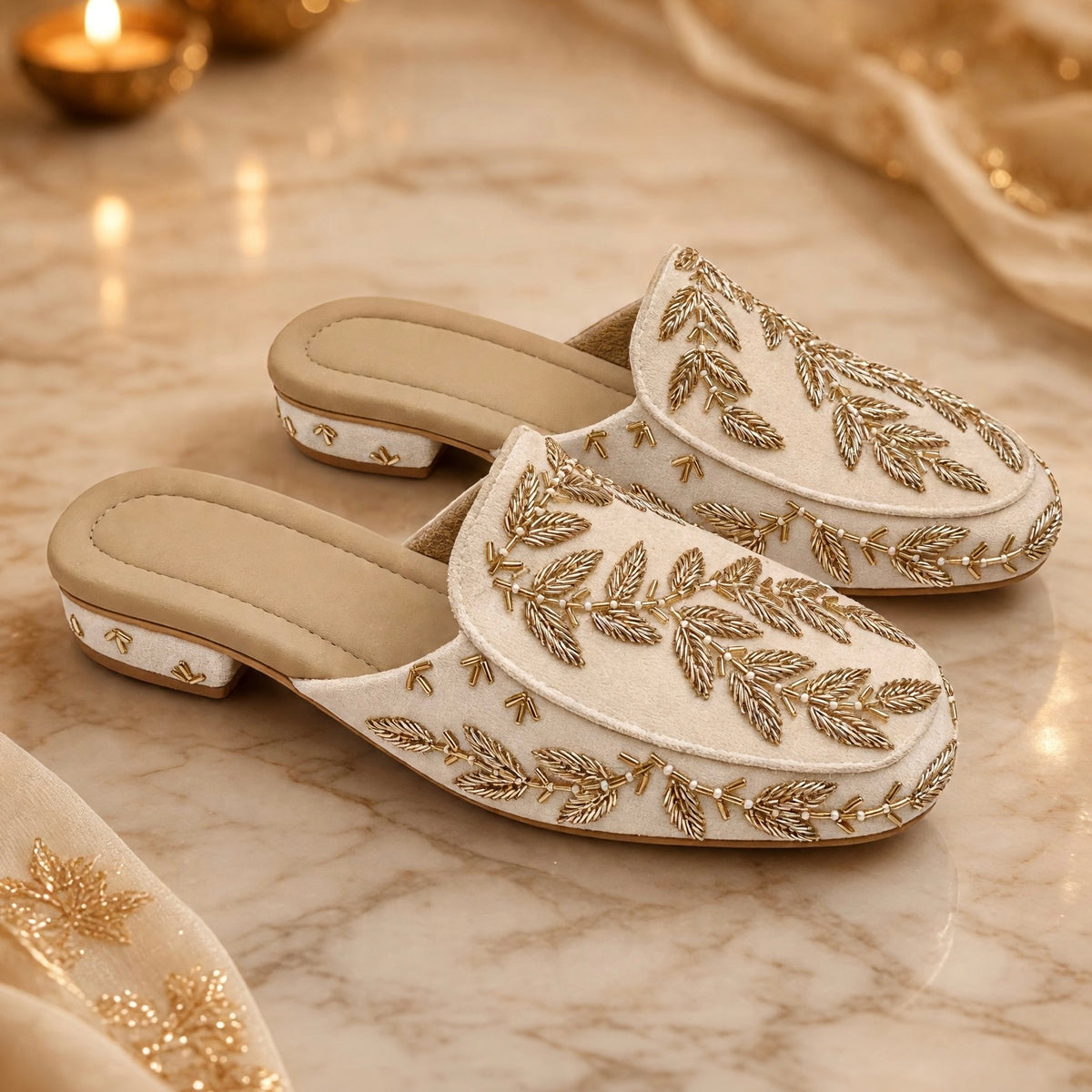 Ivory Gold Embroidered Mules