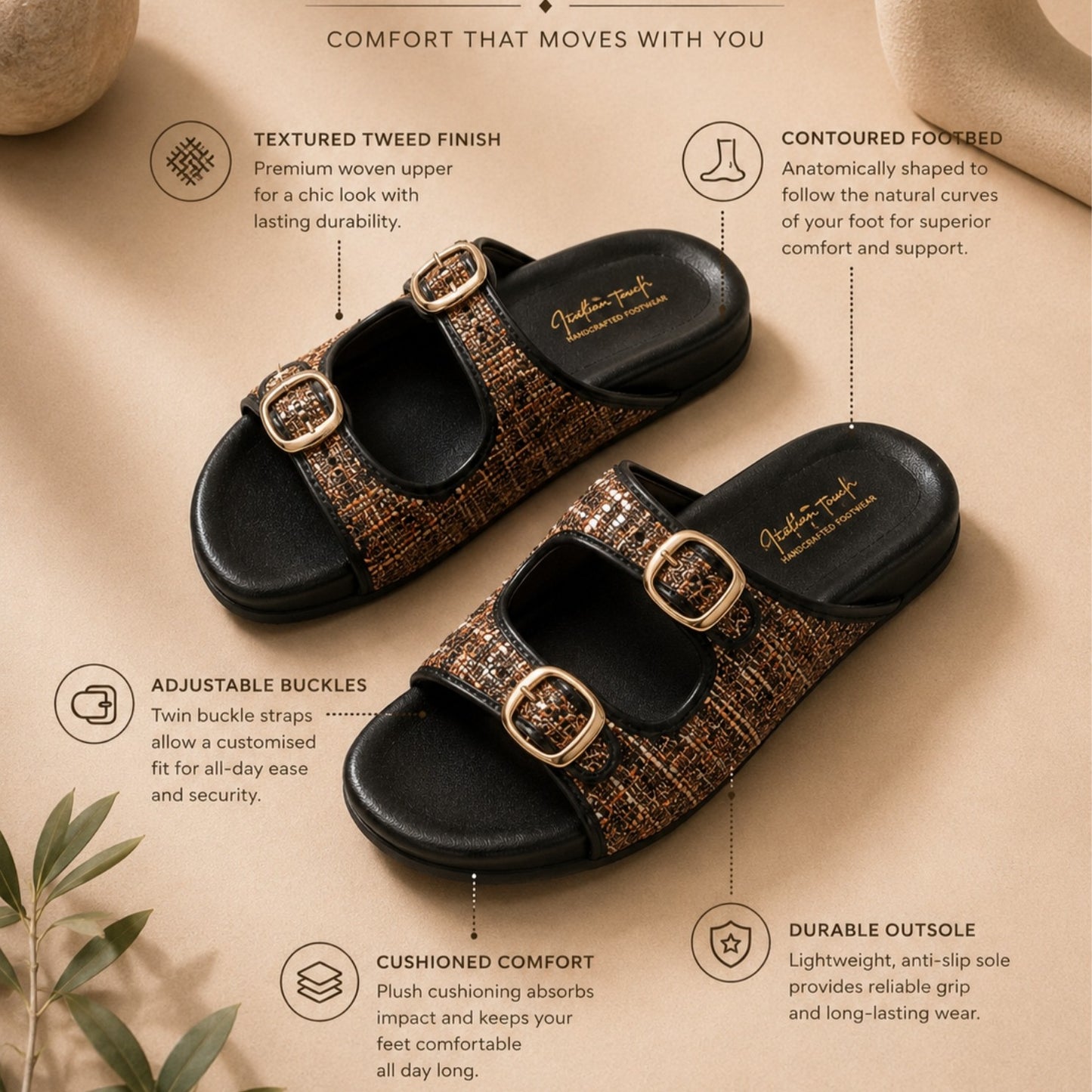 Black Tweed Comfort Slides