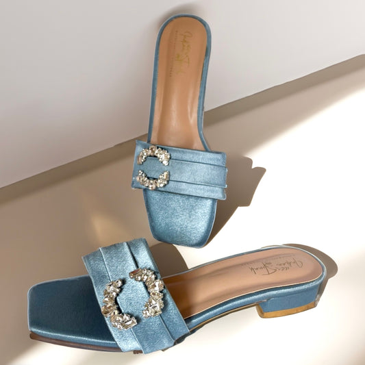 Satin Shimmer – Midnight Blue | Satin Diamanté Sandals