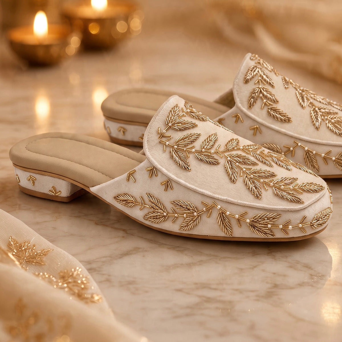 Ivory Gold Embroidered Mules
