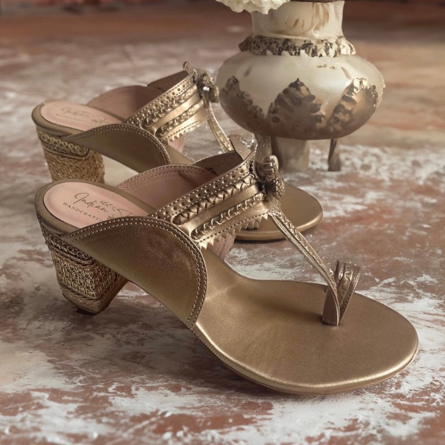 Golden Hour – Embroidered Heel Kolhapuri Sandals in Antique Gold