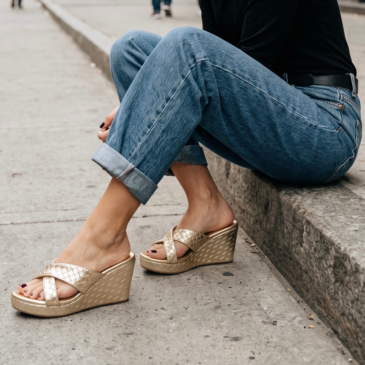 Gold Woven Cross Strap Wedges