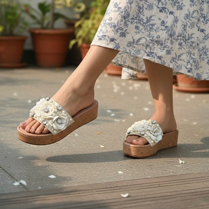 Shell & Pearl Embellished Wedge Sandals