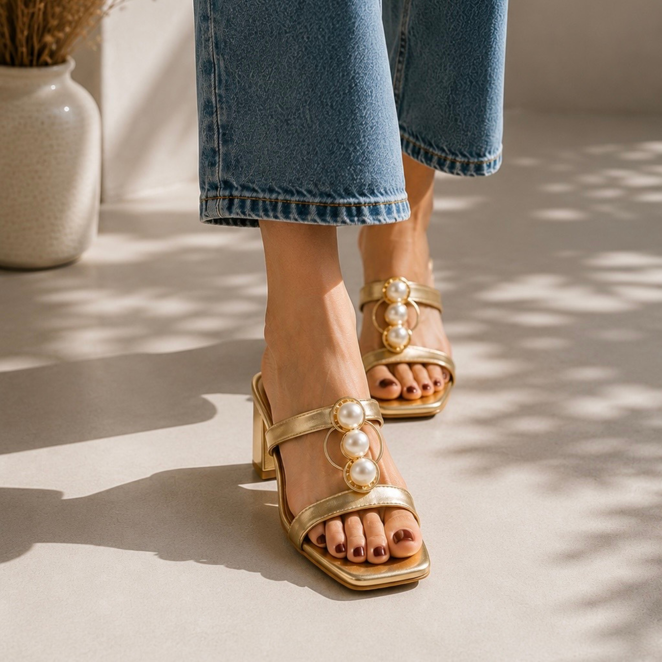 Pearl Halo Light Gold Block Heels