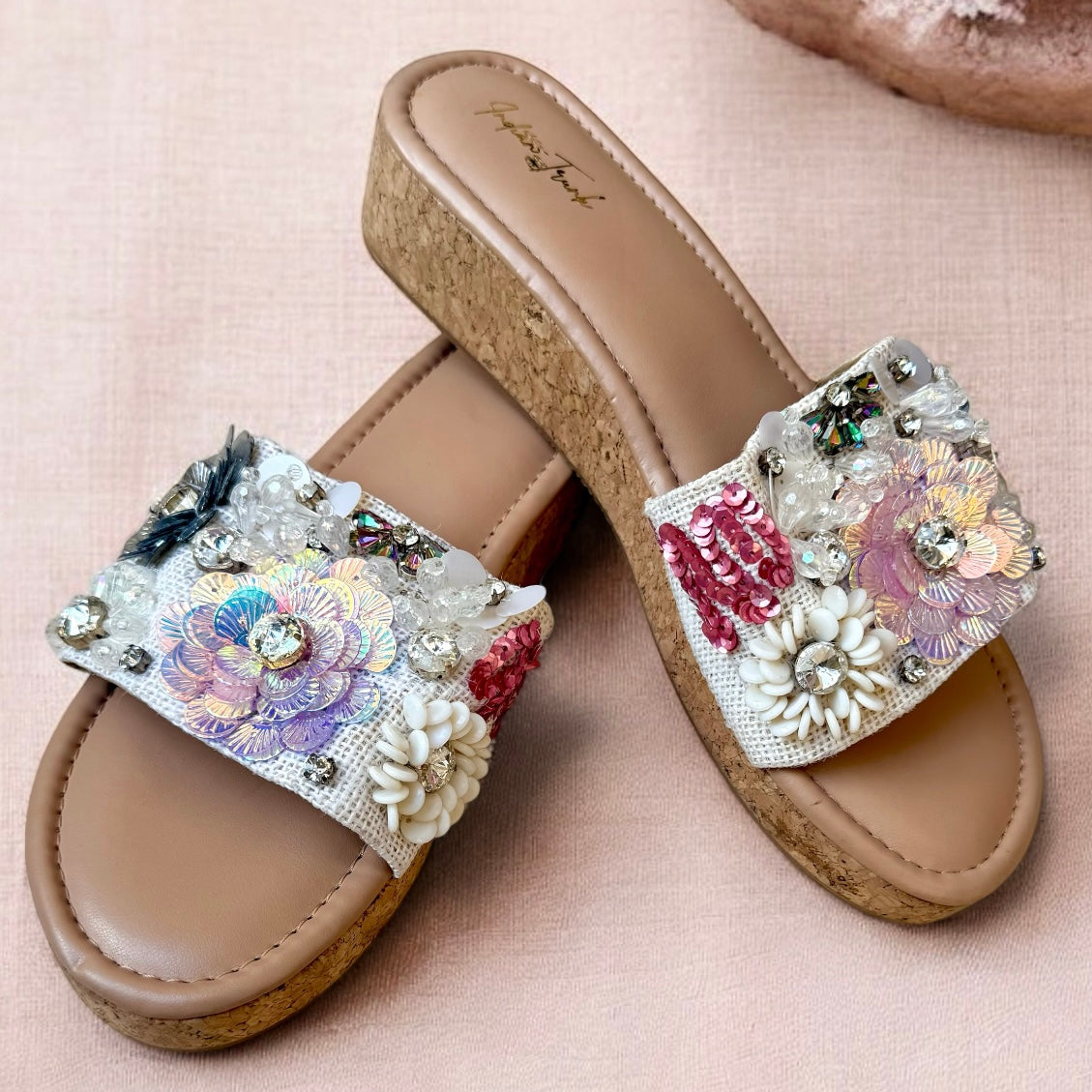 Floral Sequin Embellished Wedge Sandals