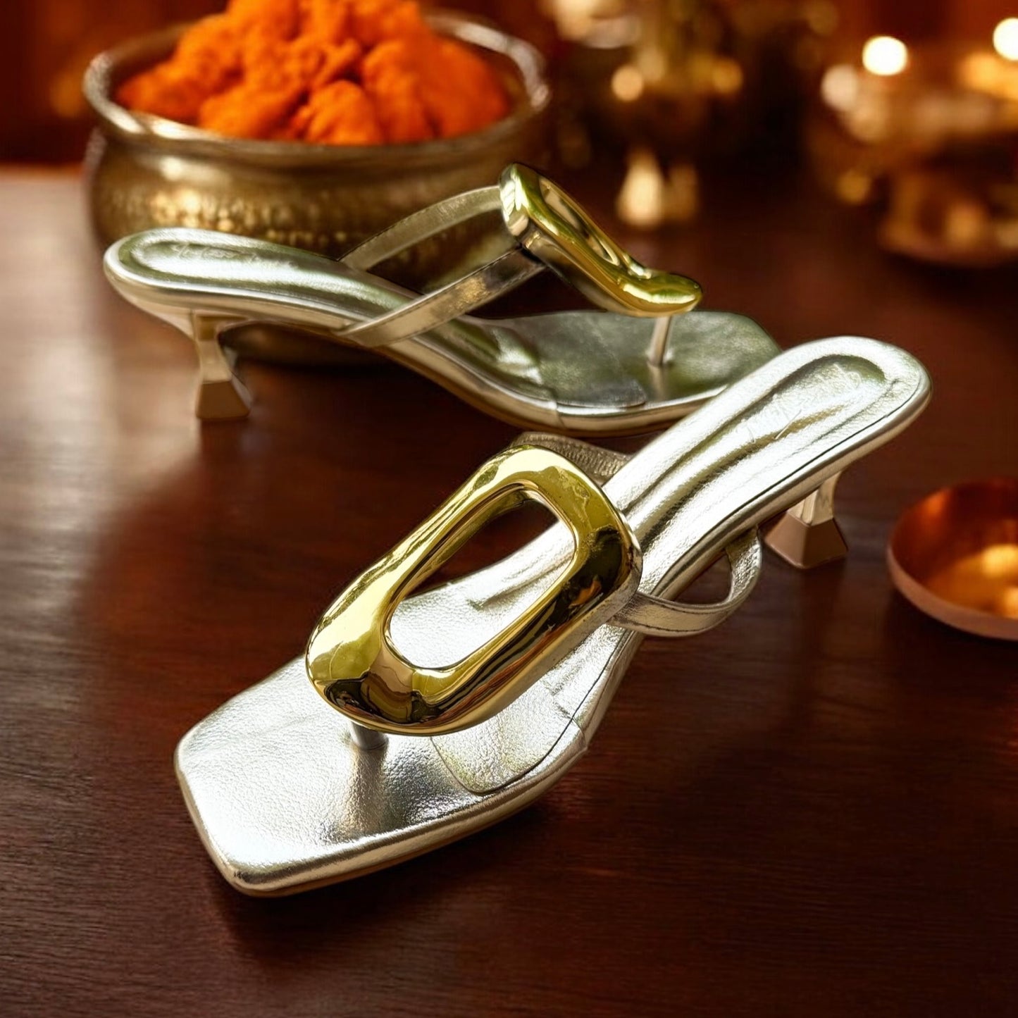 Bold Buckle Kitten Heels – Gold