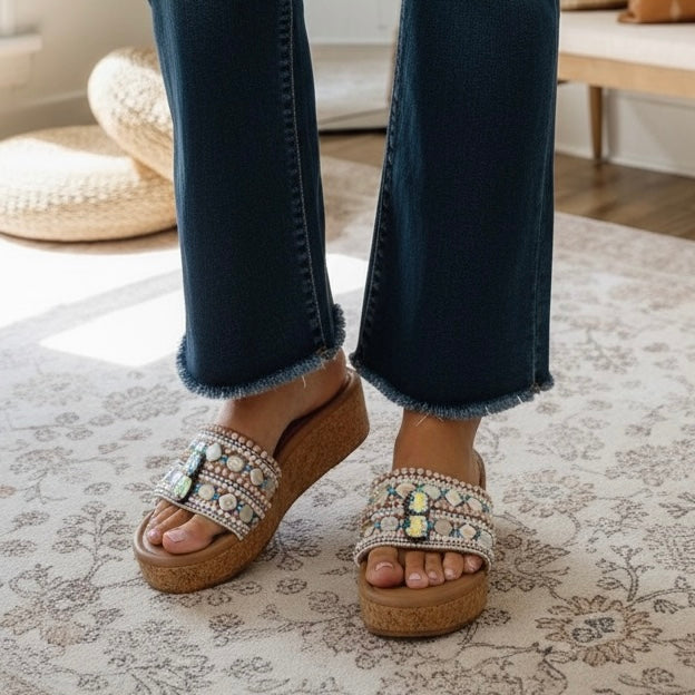 Pastel Pearl Embellished Wedge Sandals