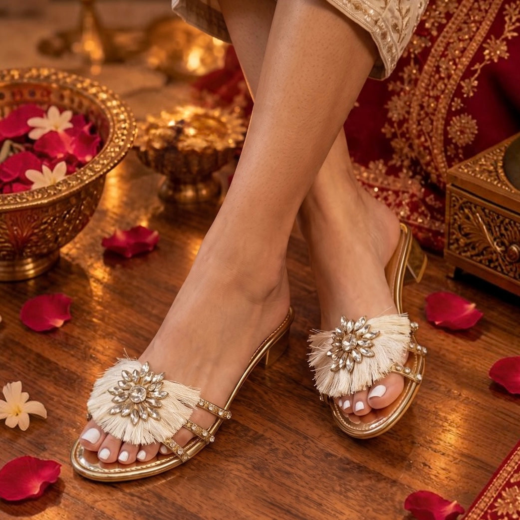 Gold Crystal Fringe Heels
