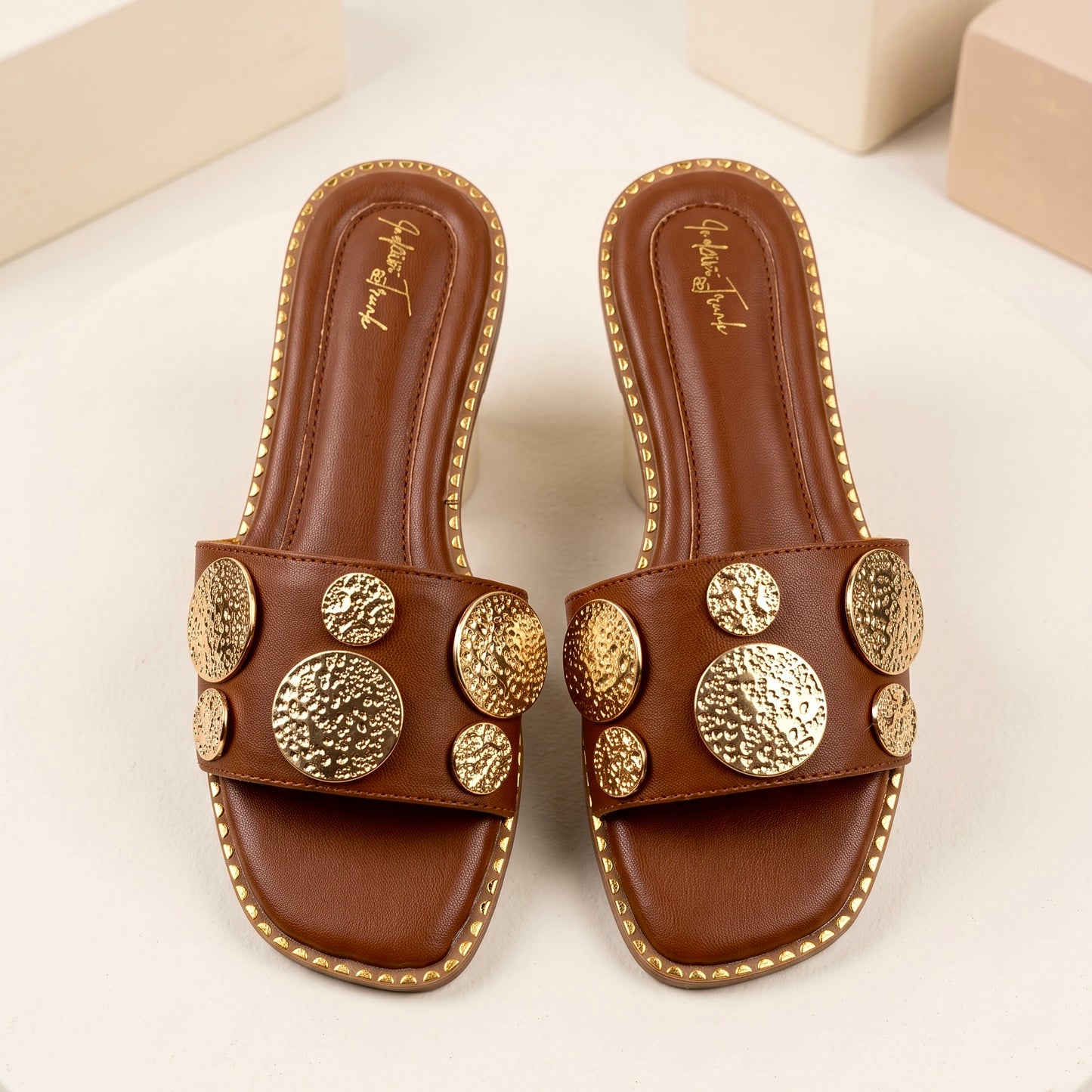 Brown Metallic Stud Comfort Flat Sliders