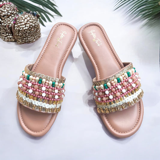 Beady Blush - Beaded sliders in coral, gold and green
