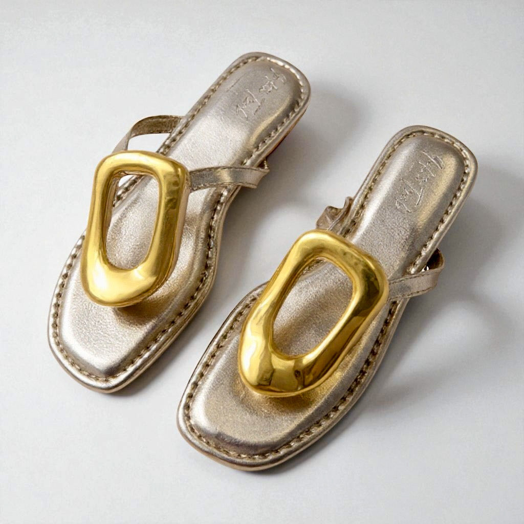 Bold Buckle V Strap Flats - Gold