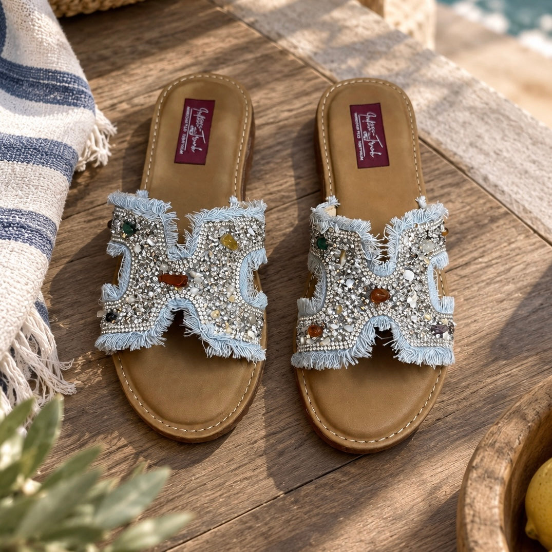 Denim Fringe Embellished Flats