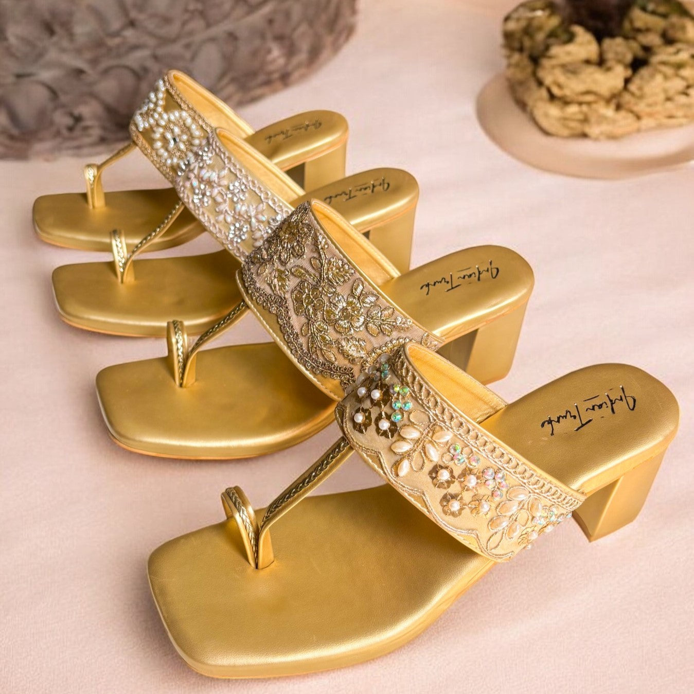 Golden Royale Kolhapuri Block Heels- Antique Strap