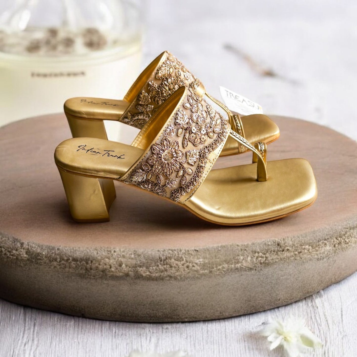 Golden Royale Kolhapuri Block Heels- Antique Strap