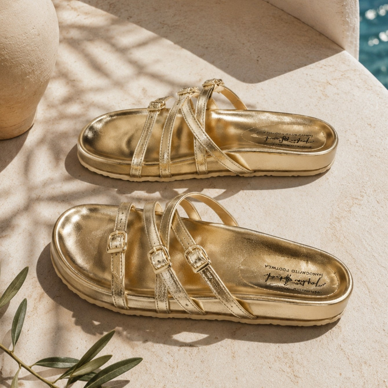 Metallic Gold Multi-Strap Comfort Flats