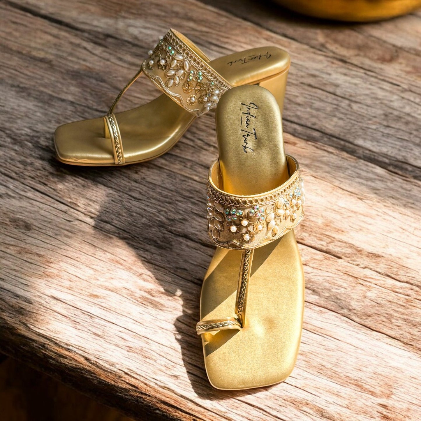 Golden Royale Kolhapuri Block Heels-Champagne Glow Strap