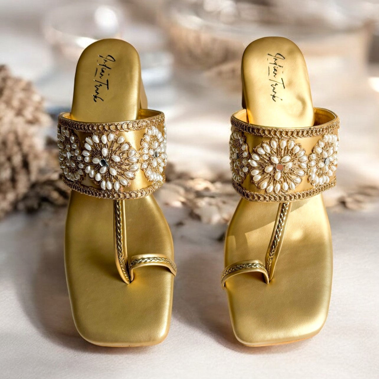 Golden Royale Kolhapuri Block Heels- Circular Pearl Beads