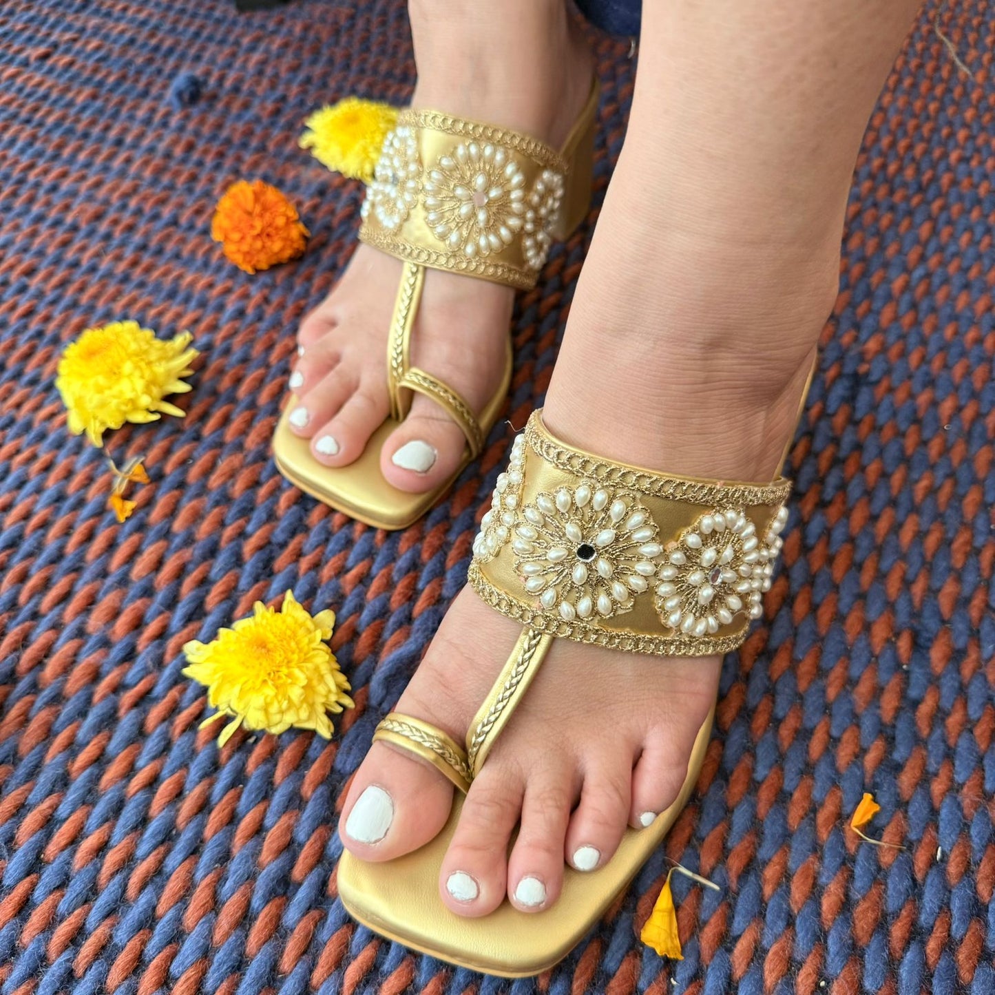 Golden Royale Kolhapuri Block Heels- Circular Pearl Beads