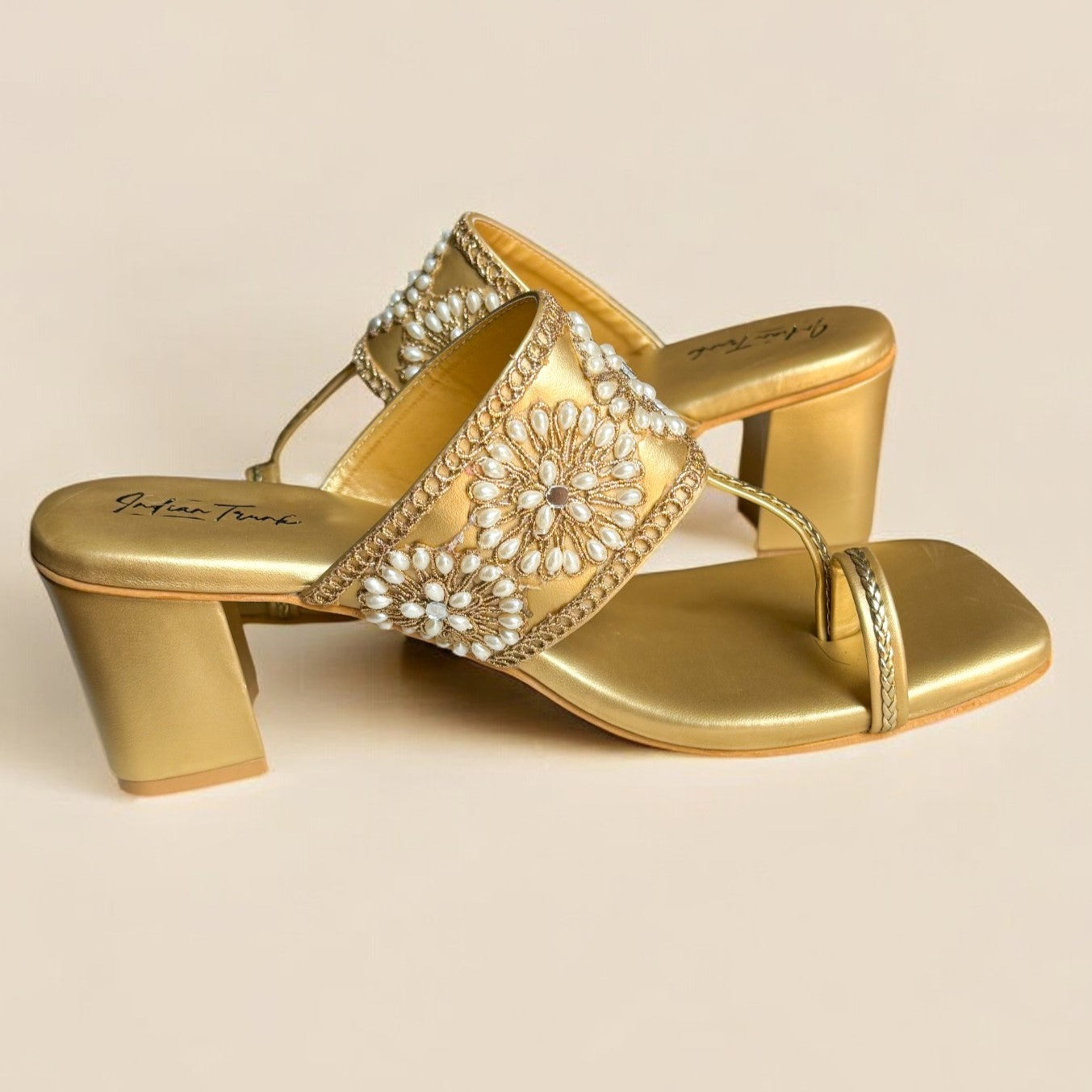 Golden Royale Kolhapuri Block Heels- Circular Pearl Beads