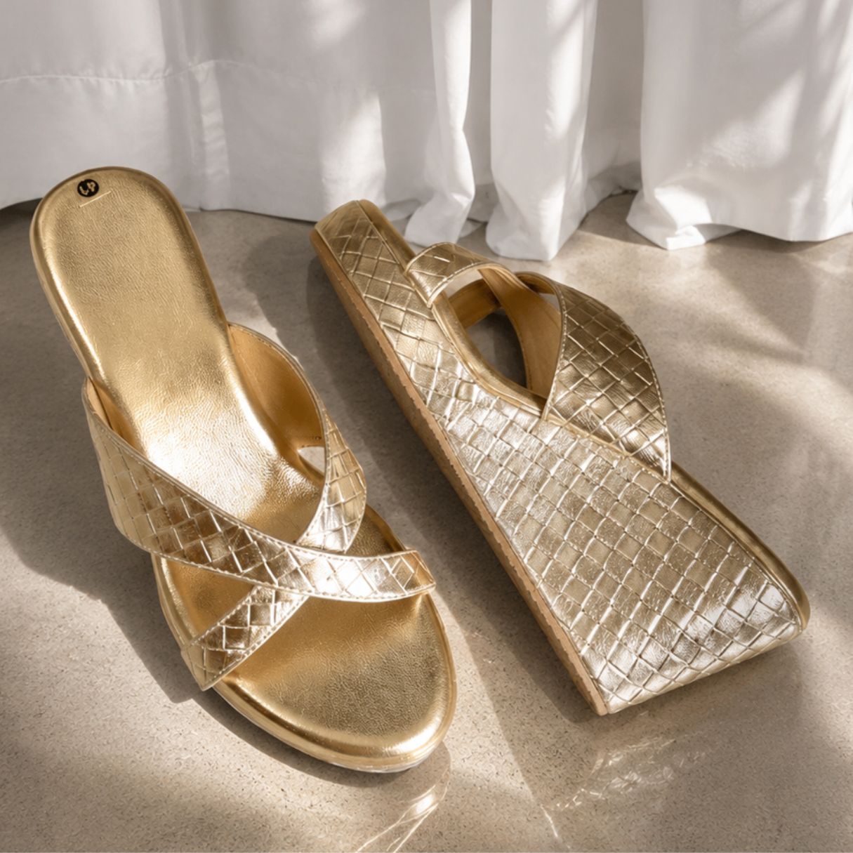 Gold Woven Cross Strap Wedges