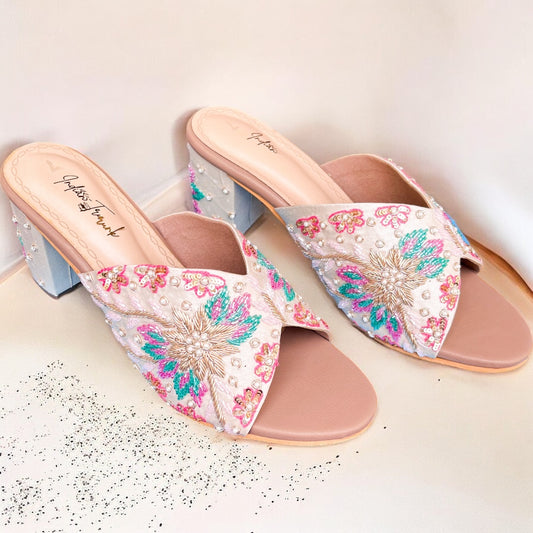 Peep Show- Embroidered Block Heels