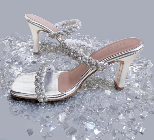 Twist & Spark – Braided Beaded Stiletto Heels in Silver