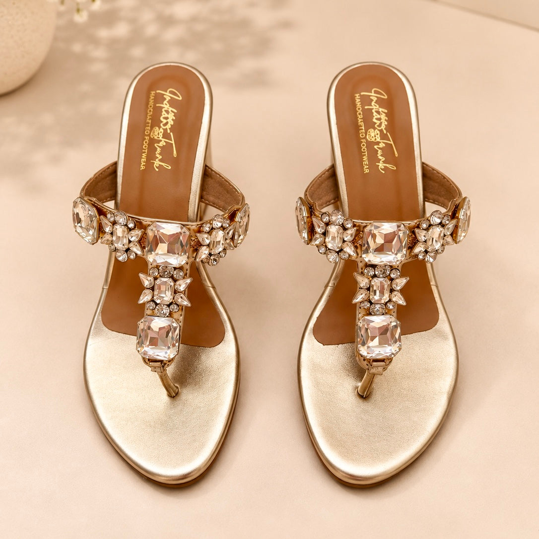 Gold Crystal Block Heels Sandals