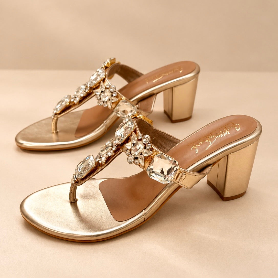 Gold Crystal Block Heels Sandals