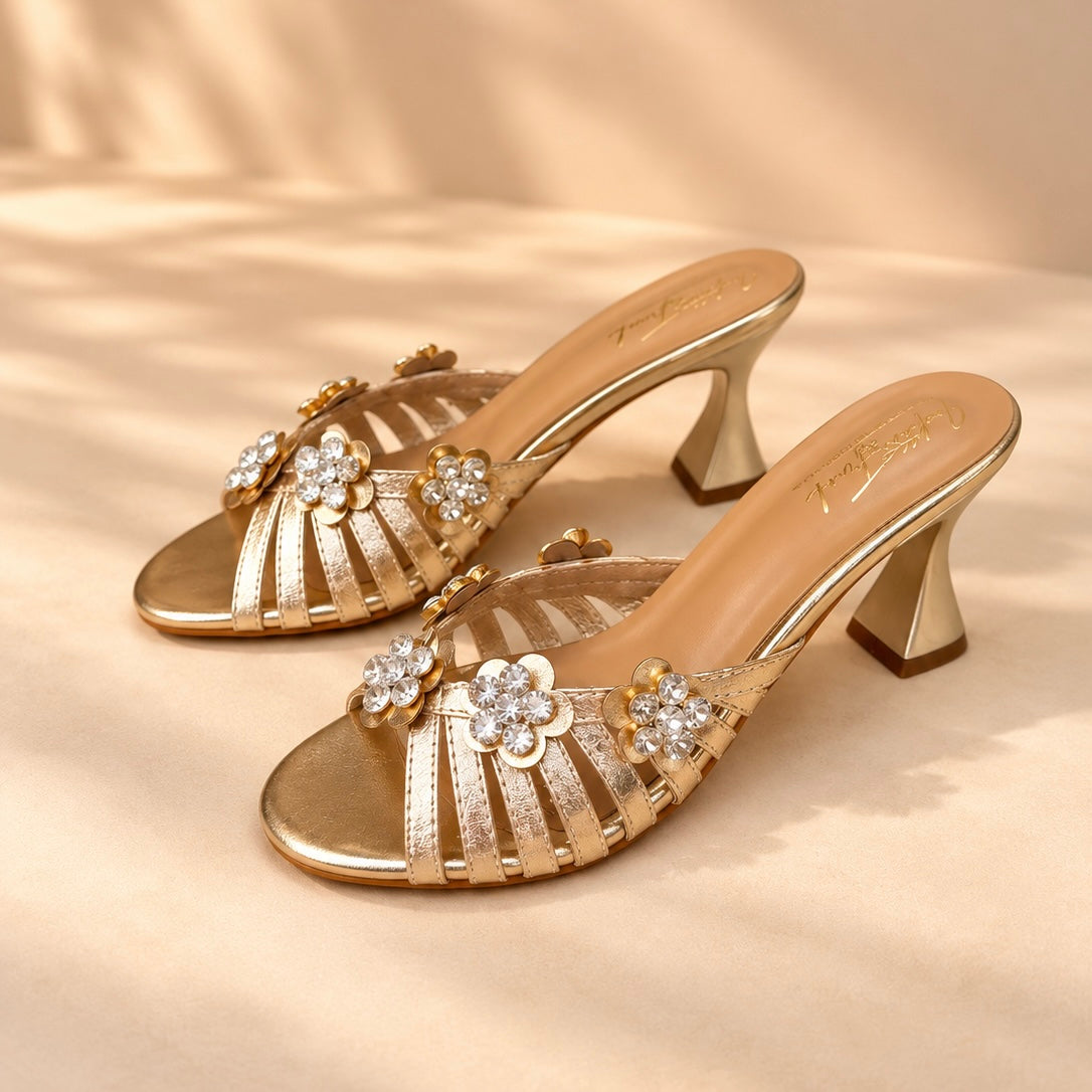 Crystal Flower Strap Heels in light gold showing the floral crystal detailing and sculpted heel.