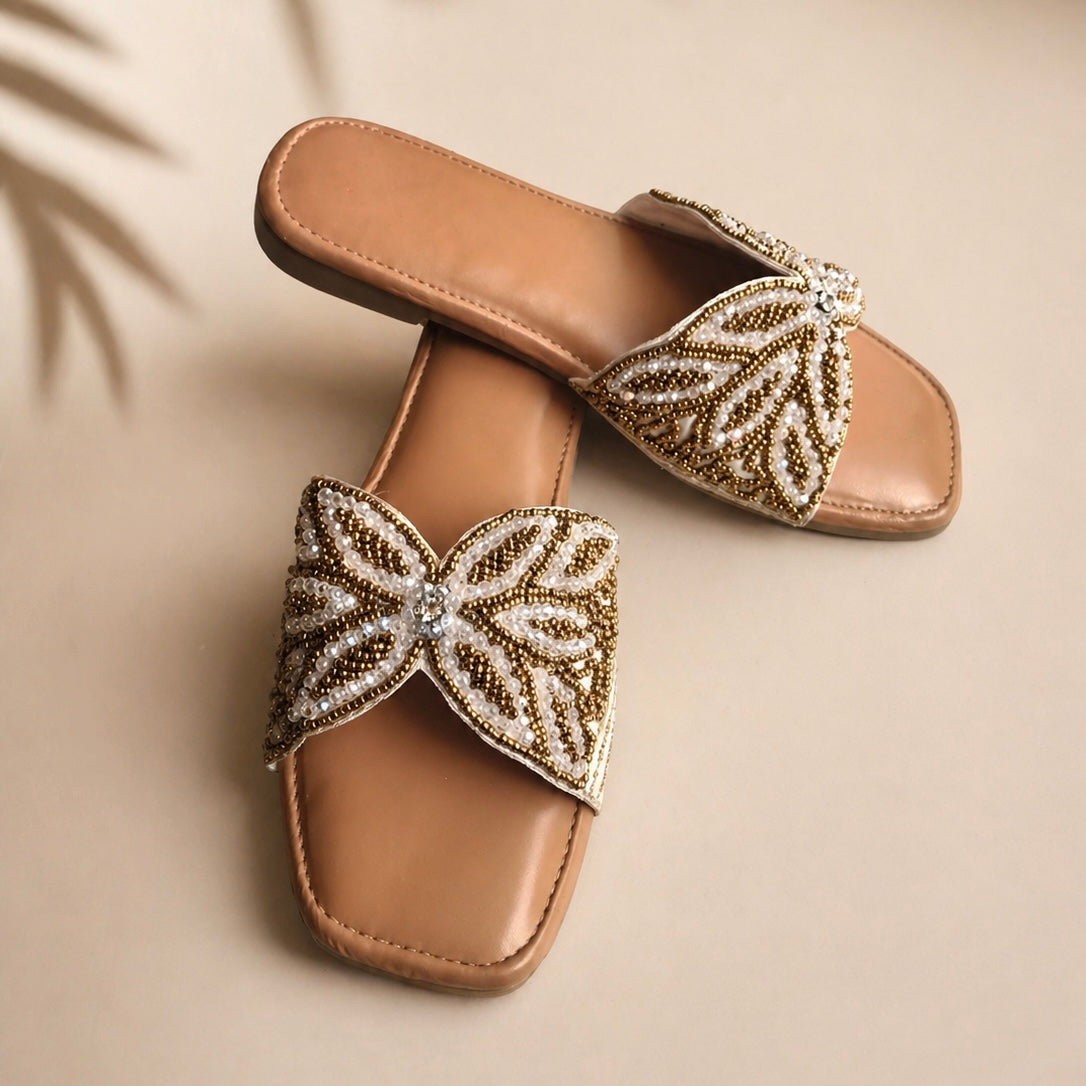 Gold Beaded Butterfly Embellished Slide Sandals