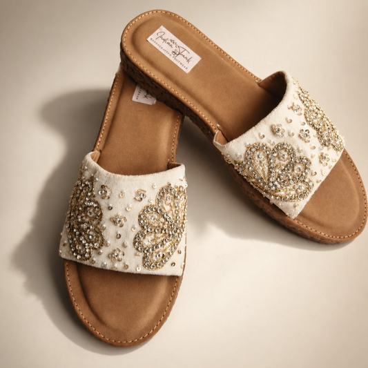 Ivory Beaded Sequin Embellished Slide Sandals