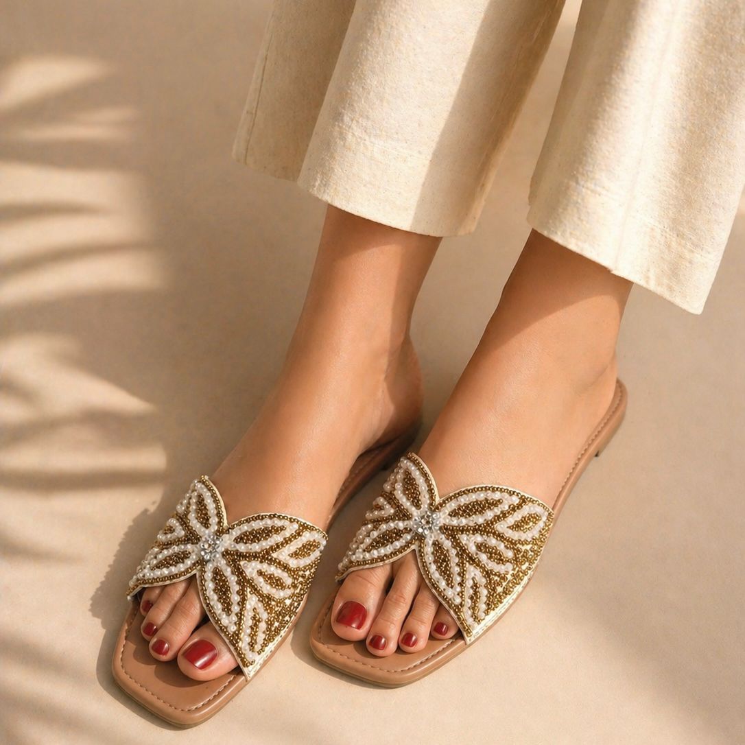 Gold Beaded Butterfly Embellished Slide Sandals